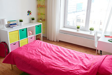 Image showing kids room interior with bed, rack and accessories