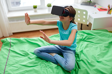 Image showing happy girl in vr headset or 3d glasses at home