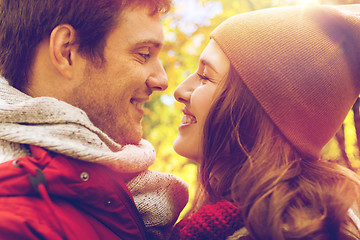 Image showing close up of happy young couple kissing outdoors