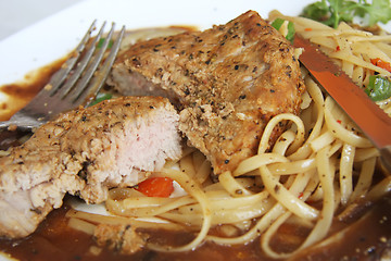 Image showing Meat on pasta