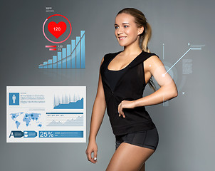 Image showing young woman in sportswear with charts and pulse