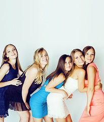 Image showing many girlfriends hugging celebration on white background, smilin