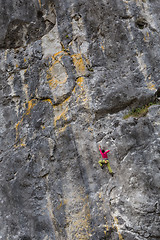 Image showing Strong girl climbs on a rock, doing sports climbing in nature.