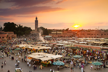 Image showing Jamaa el Fna market square in sunset, Marrakesh, Morocco, north Africa.