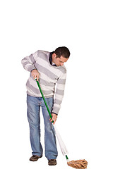 Image showing Casual Man Mopping the Floor