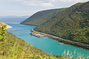 Image showing Aerial panoramic view to the small seaport in Croatia