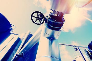 Image showing Industrial zone, Steel pipelines in blue tones  