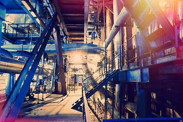 Image showing Industrial zone, Steel pipelines in blue tones