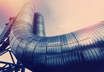 Image showing Industrial zone, Steel pipelines and cables in blue tones