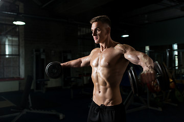 Image showing close up of man with dumbbells exercising in gym