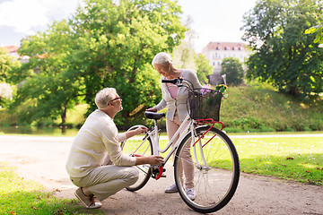 Image showing happy senior couple with bicycle at summer park