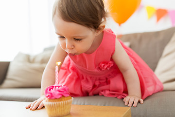 Image showing girl blowing to candle on cupcake at birthday