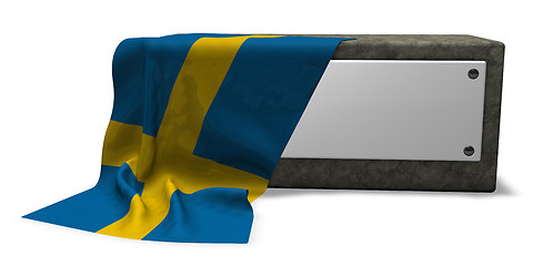 Image showing stone socket with blank sign and flag of sweden - 3d rendering