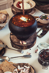 Image showing Russian borsch at pot