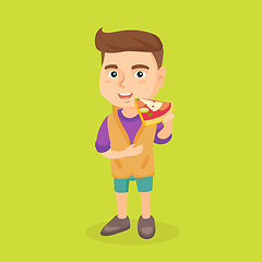 Image showing Caucasian boy eating tasty pizza.