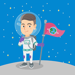 Image showing Caucasian kid spaceman with flag on a new planet.