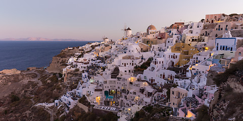 Image showing Oia village at sunrise, Santorini island, Greece.