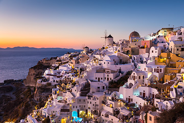 Image showing Oia village at sunset, Santorini island, Greece.