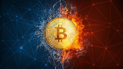 Image showing Gold bitcoin coin hard fork in fire flame, lightning and water splashes.