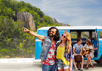 Image showing happy hippie couples and minivan on island