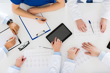 Image showing doctors with cardiograms and tablet pc at hospital