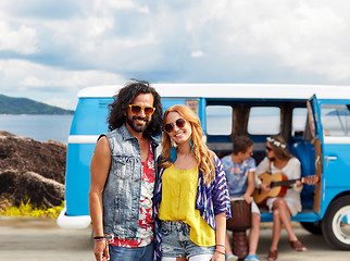 Image showing happy hippie couples and minivan on island