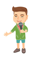 Image showing Caucasian little boy singing into a microphone.