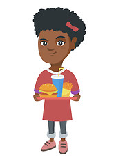 Image showing Little african girl holding tray with fast food.