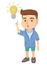 Image showing Caucasian little boy pointing at the lightbulb.