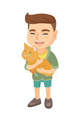 Image showing Caucasian happy boy holding a cat.