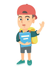 Image showing Schoolboy holding a book and waving his hand.