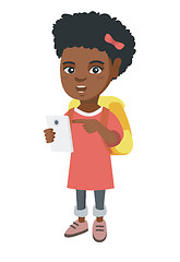 Image showing African girl with backpack pointing at cellphone.