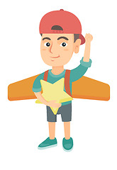 Image showing Caucasian boy with airplane wings behind his back.
