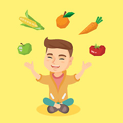 Image showing Caucasian boy juggling vegetables and fruit.