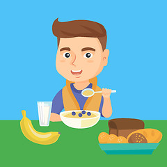 Image showing Caucasian boy eating porridge for breakfast.