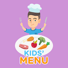 Image showing Boy with a plate full of food from kids menu.