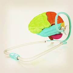 Image showing stethoscope and brain. 3d illustration. Vintage style.