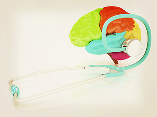 Image showing stethoscope and brain. 3d illustration. Vintage style.