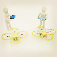 Image showing 3d white people. Man flying a white drone with camera. 3D render