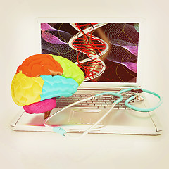 Image showing Laptop, brain and Stethoscope. 3d illustration. Vintage style.