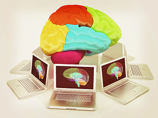 Image showing Computers connected to central brain. 3d render. Vintage style.