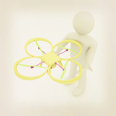 Image showing 3d man with drone, quadrocopter, with photo camera. 3d render. 3