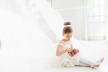 Image showing The little balerina in white tutu in class at the ballet school