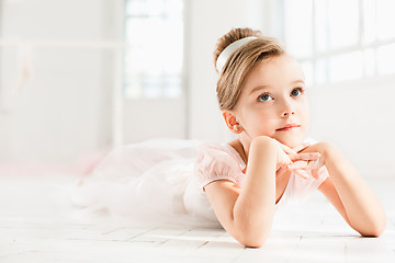 Image showing The little balerina in white tutu in class at the ballet school