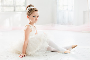 Image showing The little balerina in white tutu in class at the ballet school