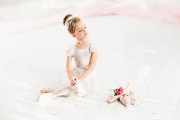 Image showing The little balerina in white tutu in class at the ballet school