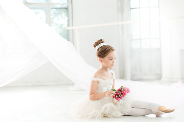 Image showing The little balerina in white tutu in class at the ballet school