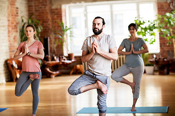 Image showing group of people doing yoga tree pose at studio
