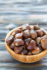 Image showing Wooden bowl with fresh chestnut.