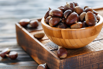 Image showing Raw chestnuts in a wooden bowl.